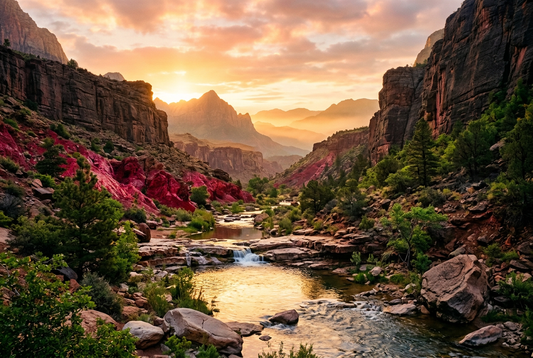 A breathtaking panoramic mountain canyon at dawn with crimson mineral rock formations and golden sunrise light, evoking regal elegance, vitality, and serene luxury