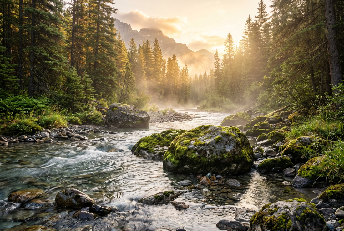 A pristine mountain stream with crystal clear waters flowing over mossy boulders and ancient pine forest at golden sunrise, evoking mindful presence, enduring craft, and natural tranquility