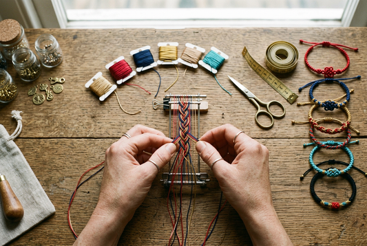 Artisan cord knotting workbench with colorful threads, scissors, and finished dimensional braided bracelets