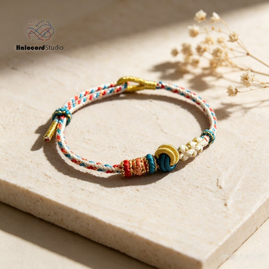 Handwoven Lucky Knot Bracelet featuring Peach Blossom, Dimple, Flat Knot, and Eight-Strand Braiding - HalocordStudio