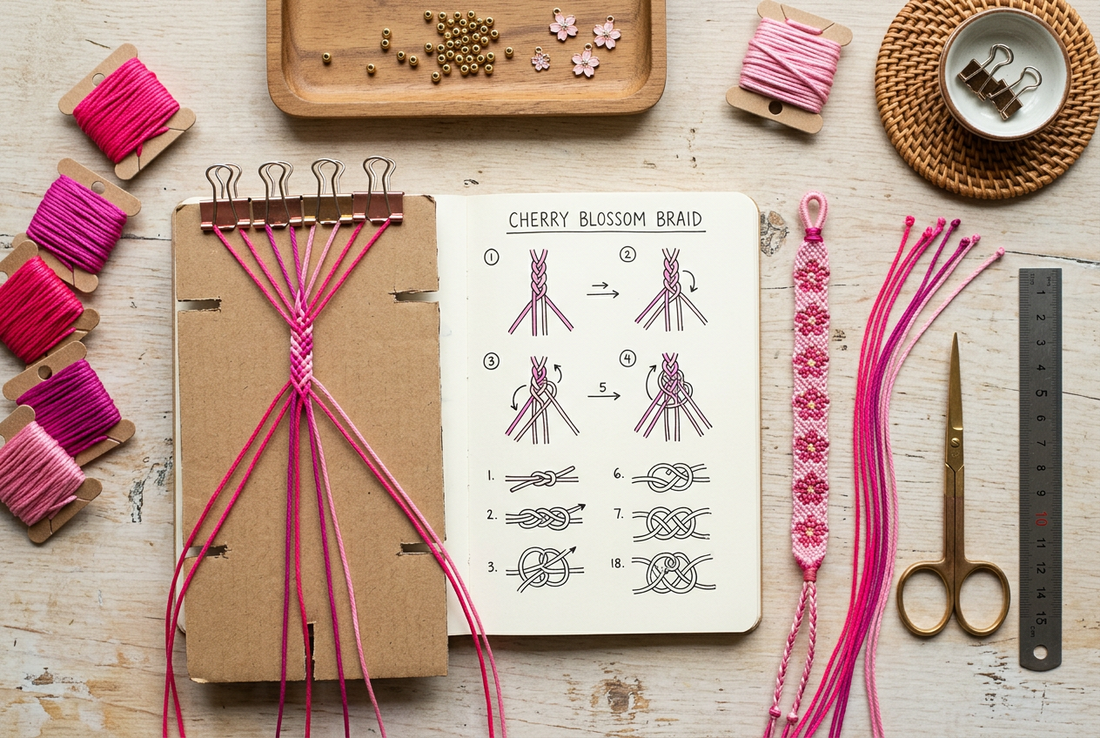 DIY cord braiding jigs, pattern decoding, and vibrant pink handmade jewelry crafting setup