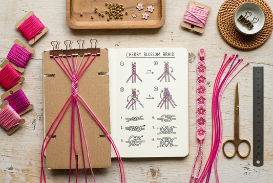 DIY cord braiding jigs, pattern decoding, and vibrant pink handmade jewelry crafting setup
