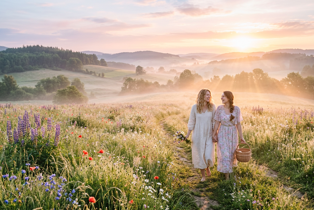 A dreamy sun-drenched meadow at golden sunrise bathed in soft pastel pink, baby blue, and gentle lavender morning mist, evoking sweet friendship, playful warmth, and joyful serenity