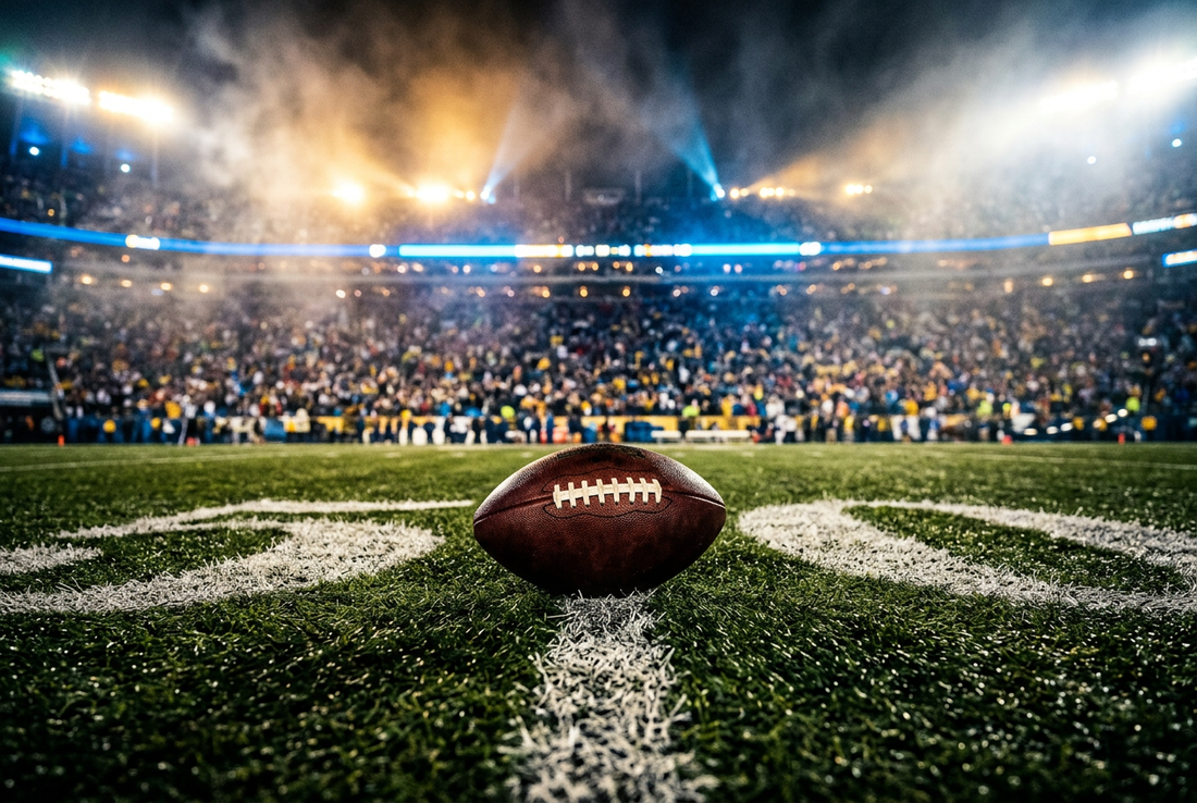 American football resting on 50-yard line turf under blazing championship stadium night floodlights