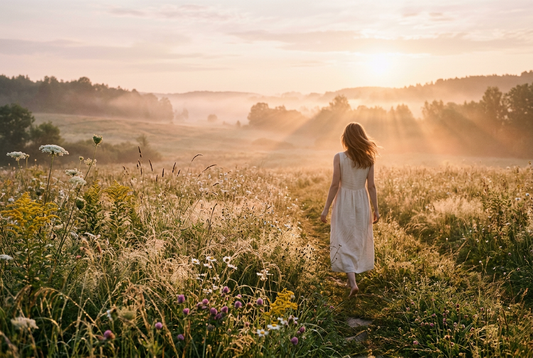 A sunlit wildflower meadow at golden dawn with delicate grasses and ethereal morning mist, evoking inner metamorphosis, rebirth, and serene freedom
