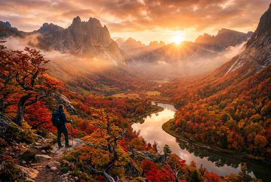 A breathtaking sunrise over an expansive ancient autumn mountain valley ablaze with fiery crimson and golden-amber foliage, evoking passionate vitality, fierce protection, and thriving warmth