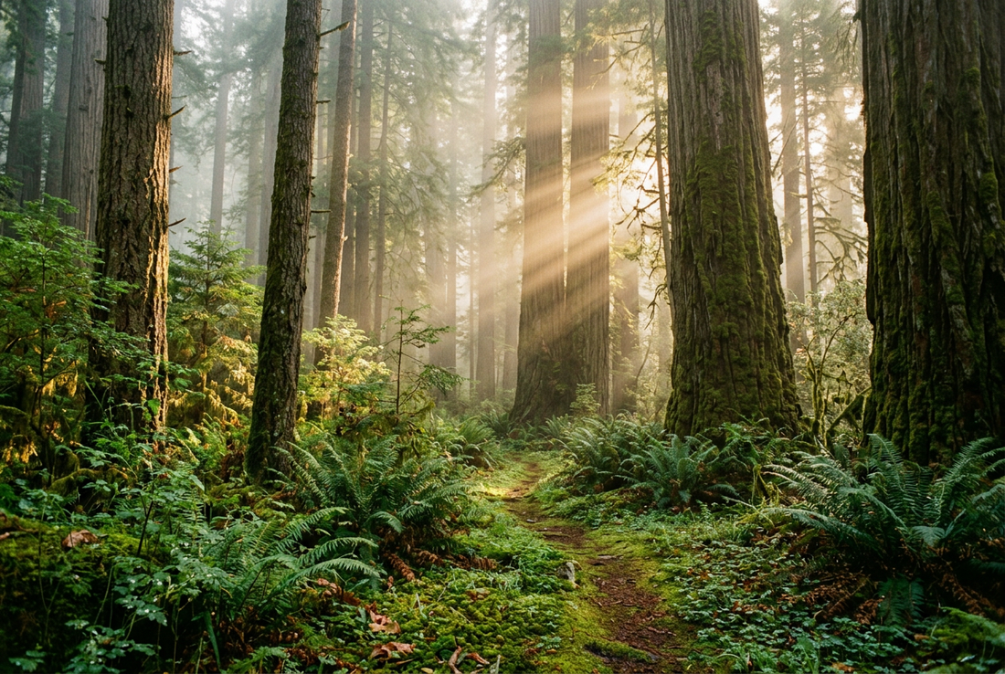 Forest Bathing and Slow Living - Sunbeams Streaming Through Misty Ancient Redwoods