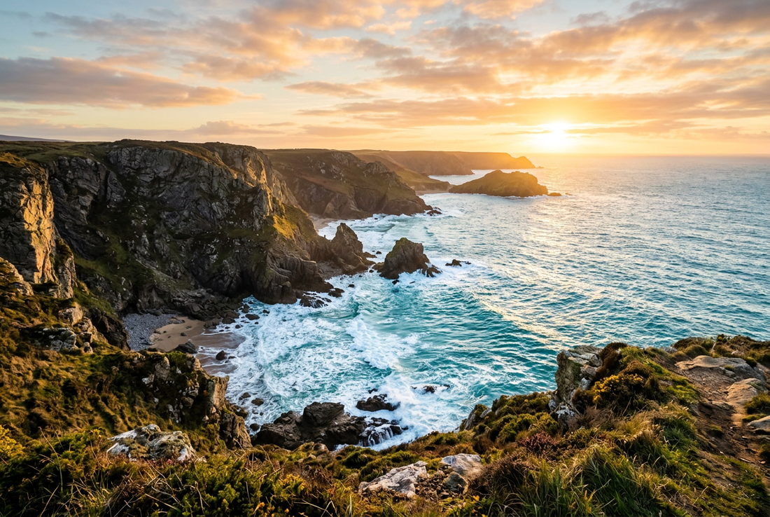 A breathtaking panoramic coastal sea cliff overlooking turquoise ocean waters bathed in golden sunrise sunlight, symbolizing high athletic energy, freedom, and endurance