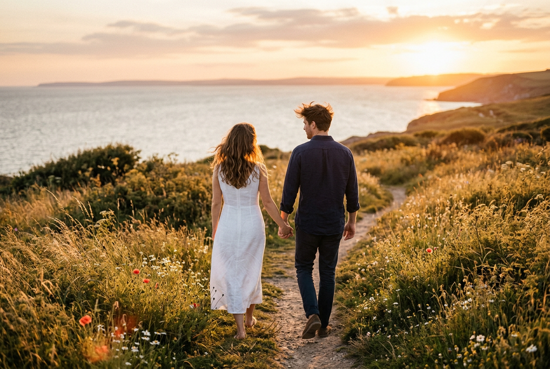 Romantic couple walking hand in hand along golden hour coastal meadow expressing promise and eternal love