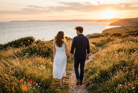 Romantic couple walking hand in hand along golden hour coastal meadow expressing promise and eternal love