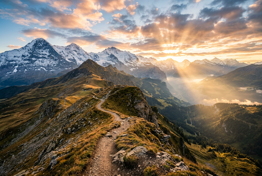 A majestic winding alpine dirt trail along rugged mountain ridgelines bathed in golden morning sunrise mist, symbolizing athletic endurance, resilience, and laser focus