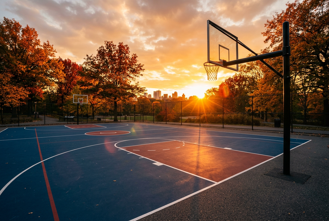 Outdoor American basketball court in a city park at golden hour sunset with painted lines and illuminated hoop