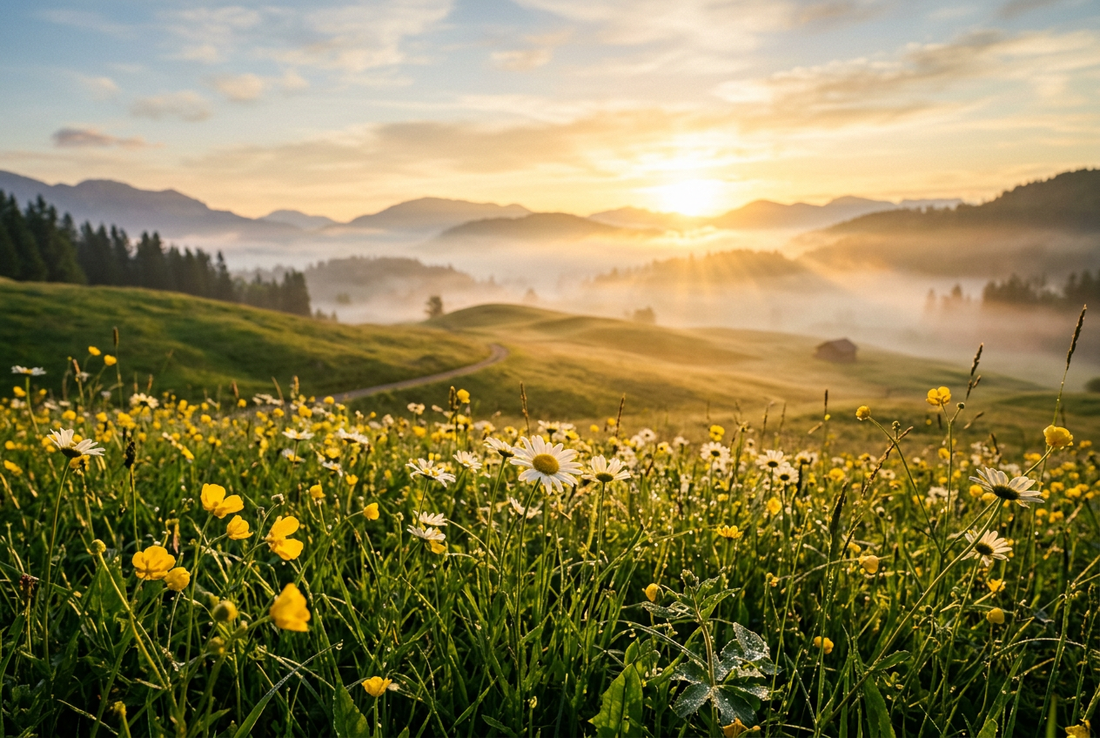 A picturesque alpine meadow filled with blooming wild yellow daisies and buttercups under golden sunrise morning mist, evoking cheerful optimism, fresh vitality, and handcrafted floral beauty