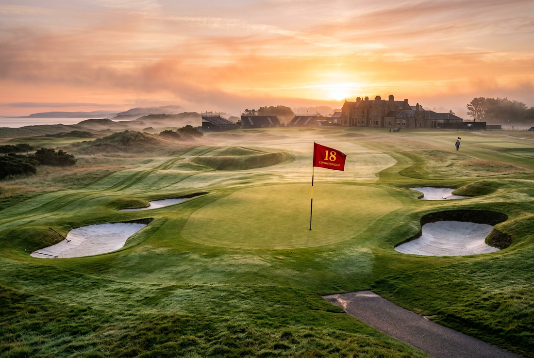 Championship golf course 18th green at golden hour sunrise with morning dew and red flagstick