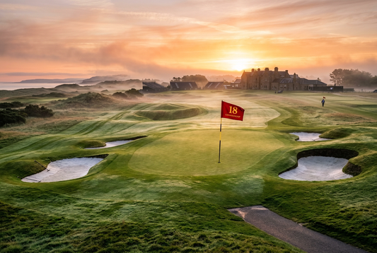 Championship golf course 18th green at golden hour sunrise with morning dew and red flagstick