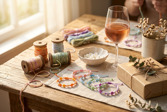 Aesthetic craft and wine night setup with handwoven gradient daisy cord bracelets, colorful crafting cords, and cozy table decor