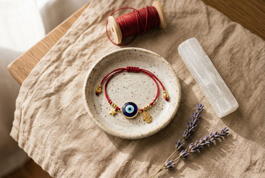 Handcrafted red string protection bracelet with evil eye charm, selenite crystal, and linen flat lay