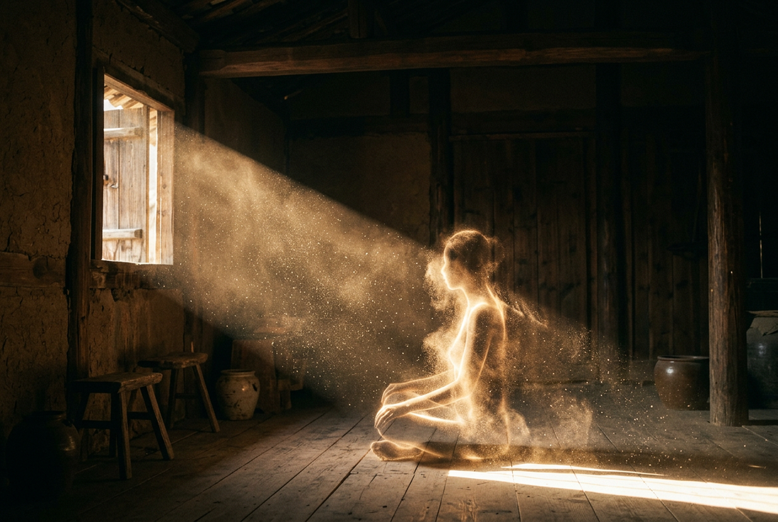 He Guang Tong Chen - Ethereal Figure Merging with Sunlight and Floating Dust Particles