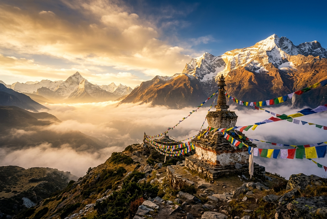Majestic Himalayan Mountain Sanctuary at Golden Dawn with Stone Stupa and Prayer Flags