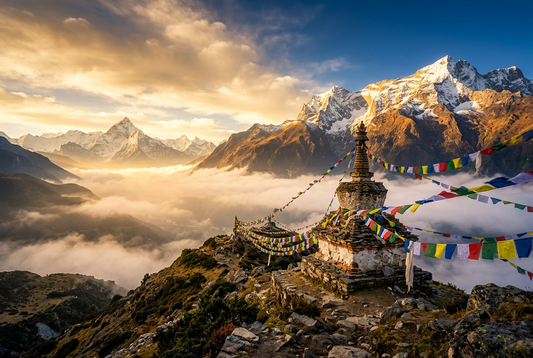 Majestic Himalayan Mountain Sanctuary at Golden Dawn with Stone Stupa and Prayer Flags