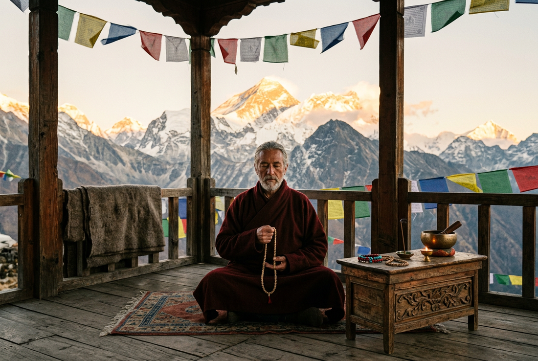 Mindful meditation in the Himalayas overlooking snow peaks with Tibetan Vajra knot bracelet and turquoise spiritual jewelry