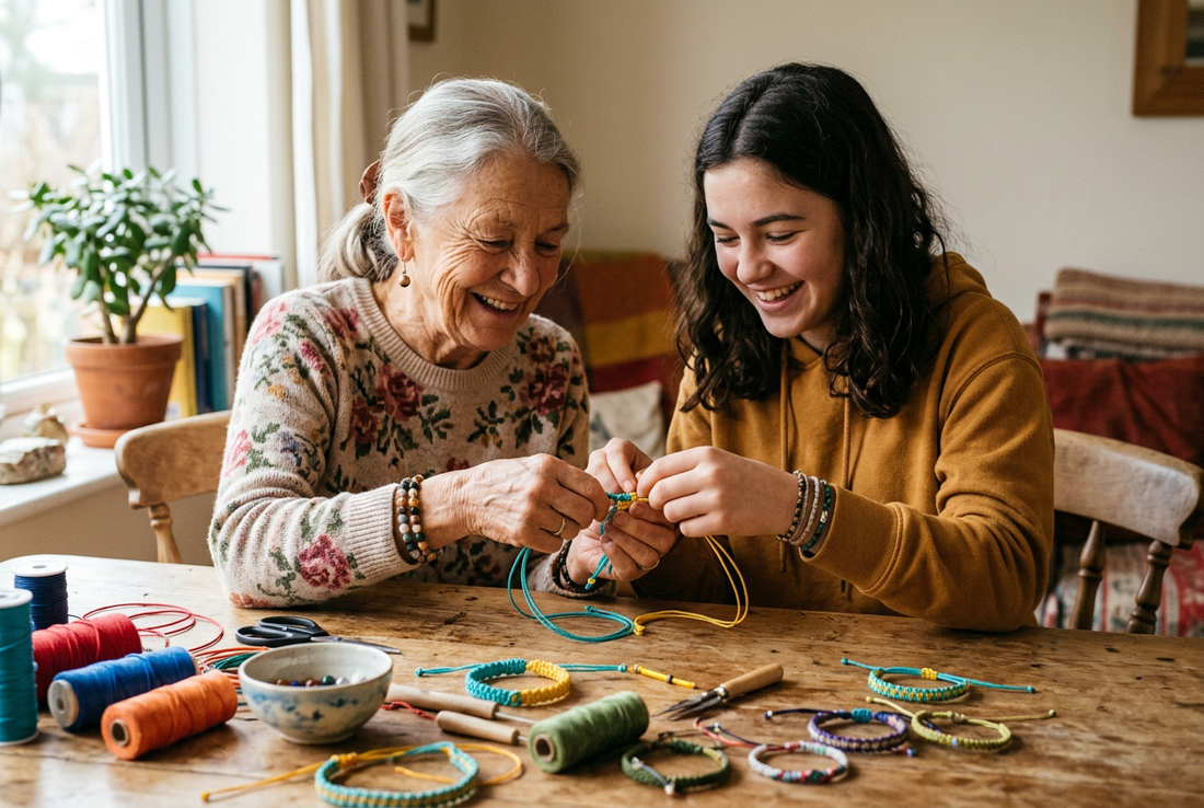 Grandmother and teenager happily crafting DIY cord bracelets together around sunlit wooden table