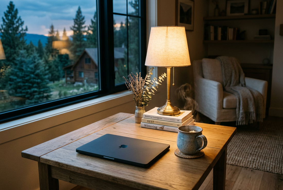 Know When to Stop - Calm Evening Living Room with Closed Laptop and Warm Tea
