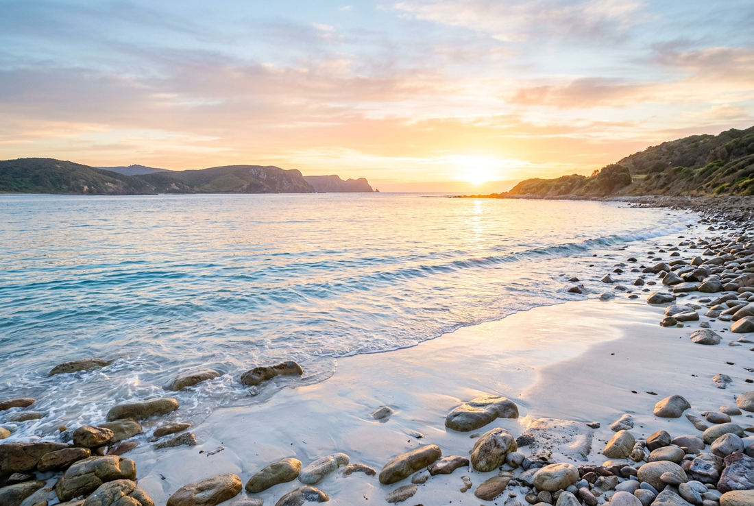 Ethereal luminous ocean sunrise over calm waters and coastal stones evoking organic elegance, timeless serenity, and pure beauty