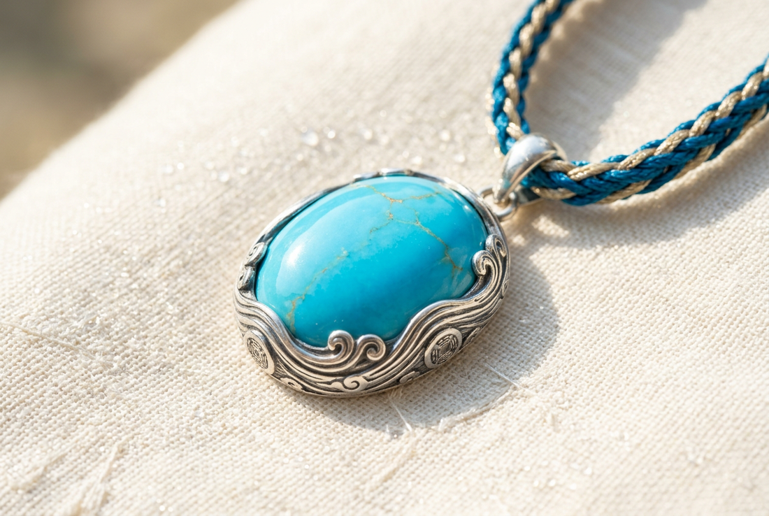 Luminous sky-blue natural turquoise water pendant with 925 silver wave bezel on Bruce Lee martial cord