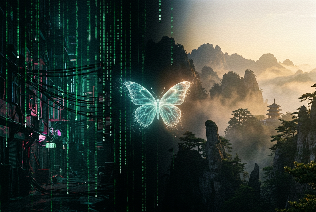 The Matrix Simulation and Zhuangzi Butterfly Dream - Translucent Butterfly Between Green Digital Rain and Ethereal Taoist Dawn