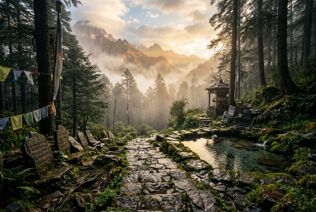 A serene misty mountain temple sanctuary at golden dawn with tranquil stone paths and ancient pines, evoking sacred peace, spiritual protection, and timeless mindfulness