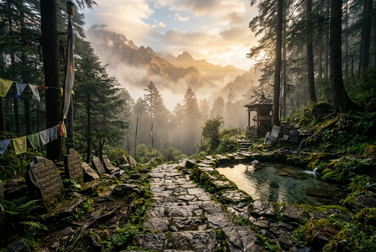 A serene misty mountain temple sanctuary at golden dawn with tranquil stone paths and ancient pines, evoking sacred peace, spiritual protection, and timeless mindfulness