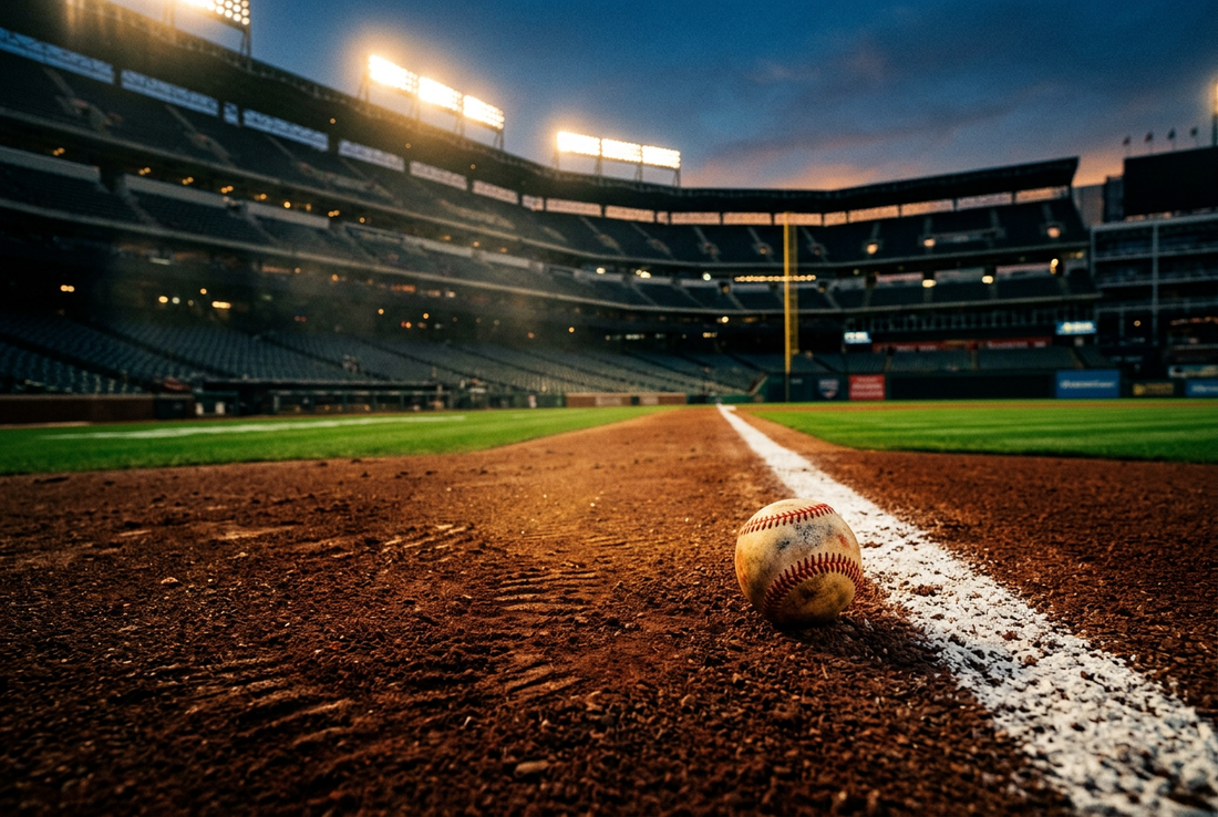 Championship baseball stadium diamond at dusk under bright arena floodlights with baseball on clay infield