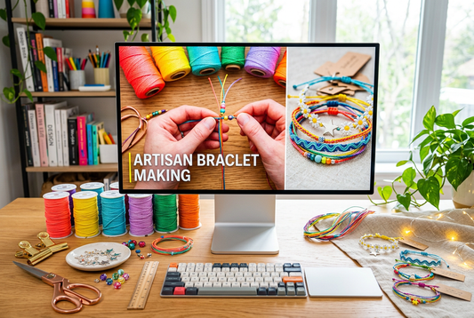 Modern high-end creative craft studio with ultra-thin large screen monitor playing 4K bracelet weaving video tutorial, surrounded by vivid rainbow wax cords and handmade jewelry