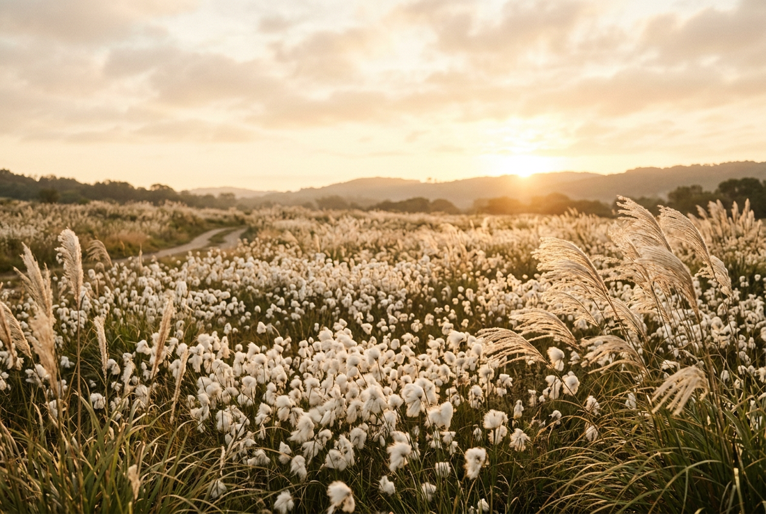 A serene sunlit meadow at golden dawn with soft fluffy wild cotton grasses swaying in a gentle morning breeze, evoking organic warmth, natural softness, and peaceful simplicity
