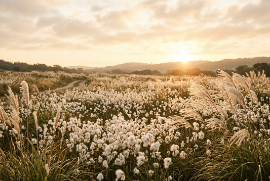 A serene sunlit meadow at golden dawn with soft fluffy wild cotton grasses swaying in a gentle morning breeze, evoking organic warmth, natural softness, and peaceful simplicity