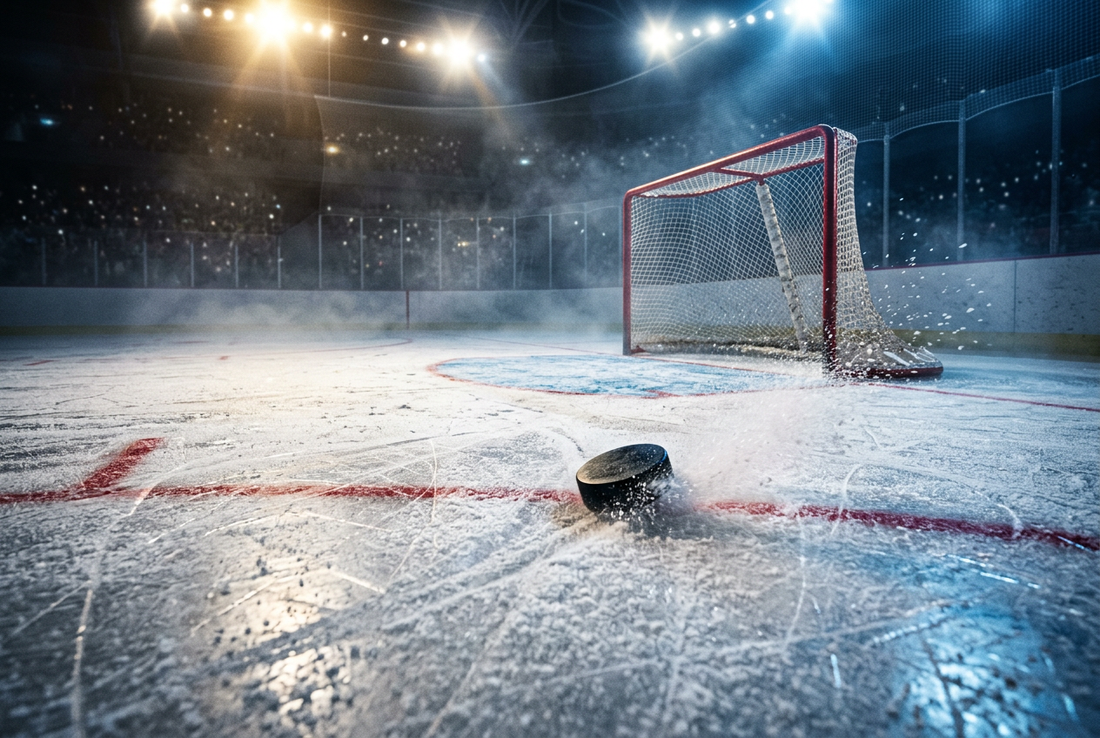 Championship ice hockey rink under bright overhead arena lights with puck sliding across fresh ice