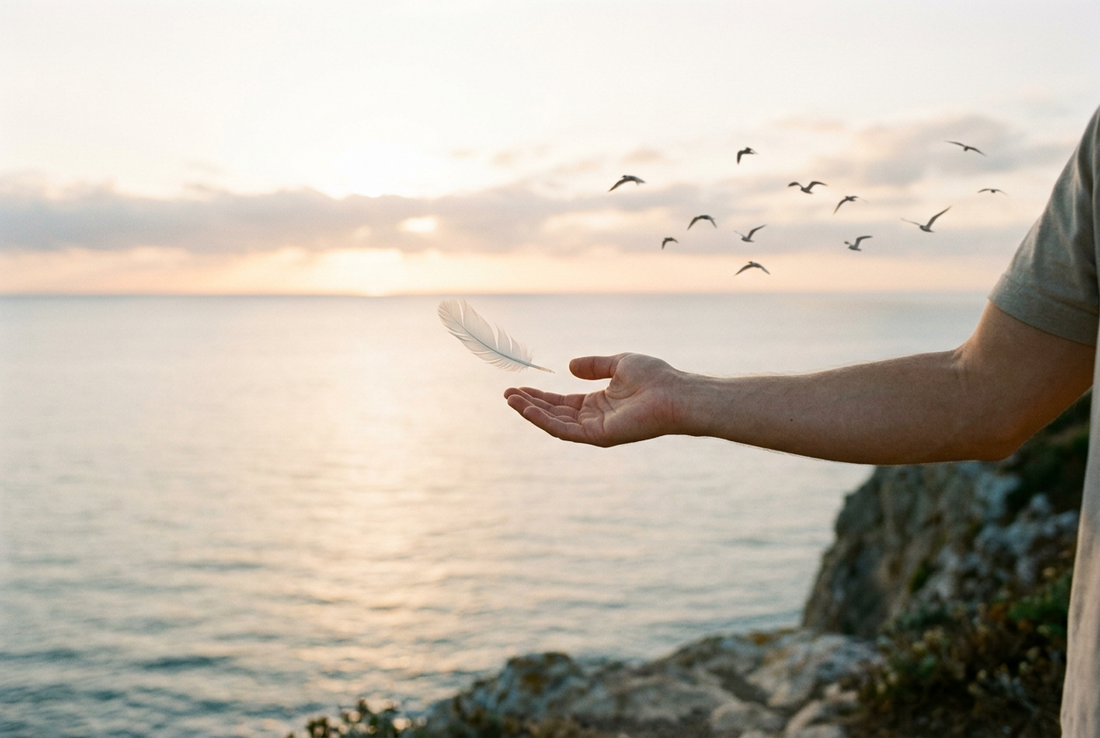 Taoist Non-Attachment - Releasing a feather into the morning breeze above the ocean
