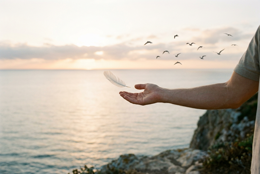 Taoist Non-Attachment - Releasing a feather into the morning breeze above the ocean
