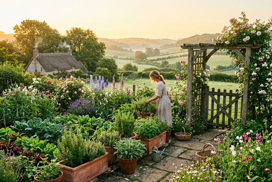 A sun-drenched pastoral cottage kitchen garden at dawn overlooking rolling hills, evoking organic harvest, cheerful countryside serenity, and playful handcrafted artistry