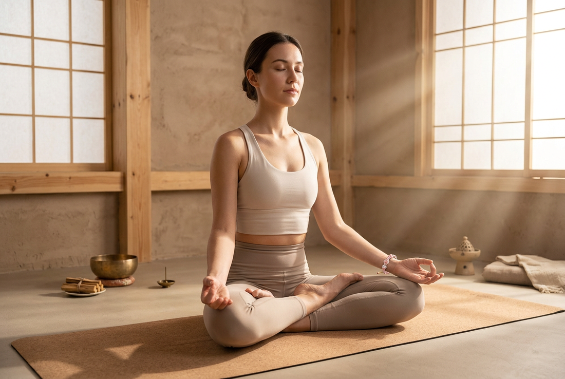 Serene woman meditating in lotus pose wearing handmade Peach Blossom healing cord bracelet in a sunlit yoga sanctuary