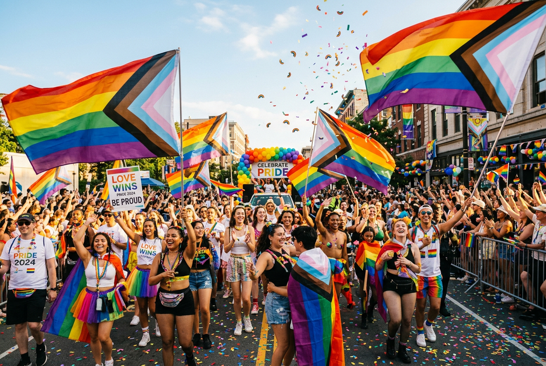 Vibrant LGBT Pride parade celebration with colorful rainbow flags waving in the sun