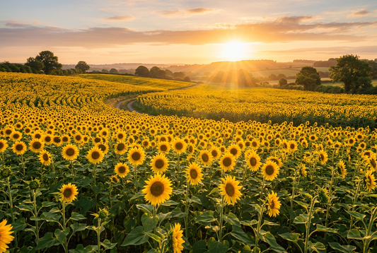 A sun-drenched golden sunflower field in full bloom at sunrise bathed in warm golden light, evoking radiant optimism, warmth, and joyful vitality