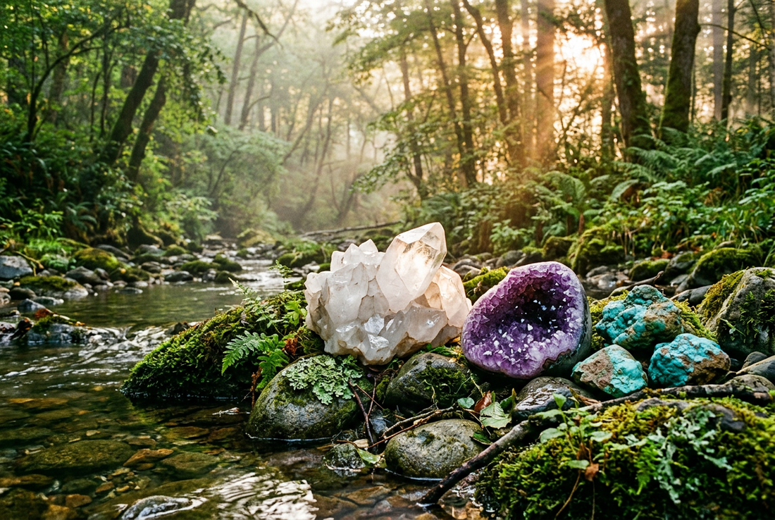 Raw Crystals Amethyst Geode and Turquoise by a Sunlit Woodland Stream