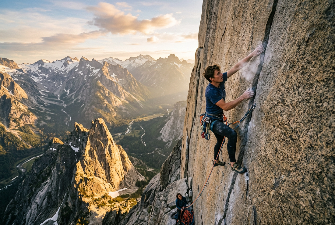 A rock climber ascending a sheer granite cliff face at golden hour sunrise with dramatic alpine peaks