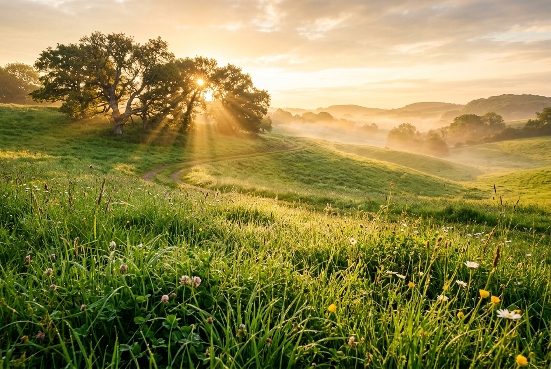 A sun-drenched rolling emerald green hillside meadow at golden dawn with soft morning dewdrops, evoking rare good fortune, hope, abundant vitality, and peaceful natural serenity