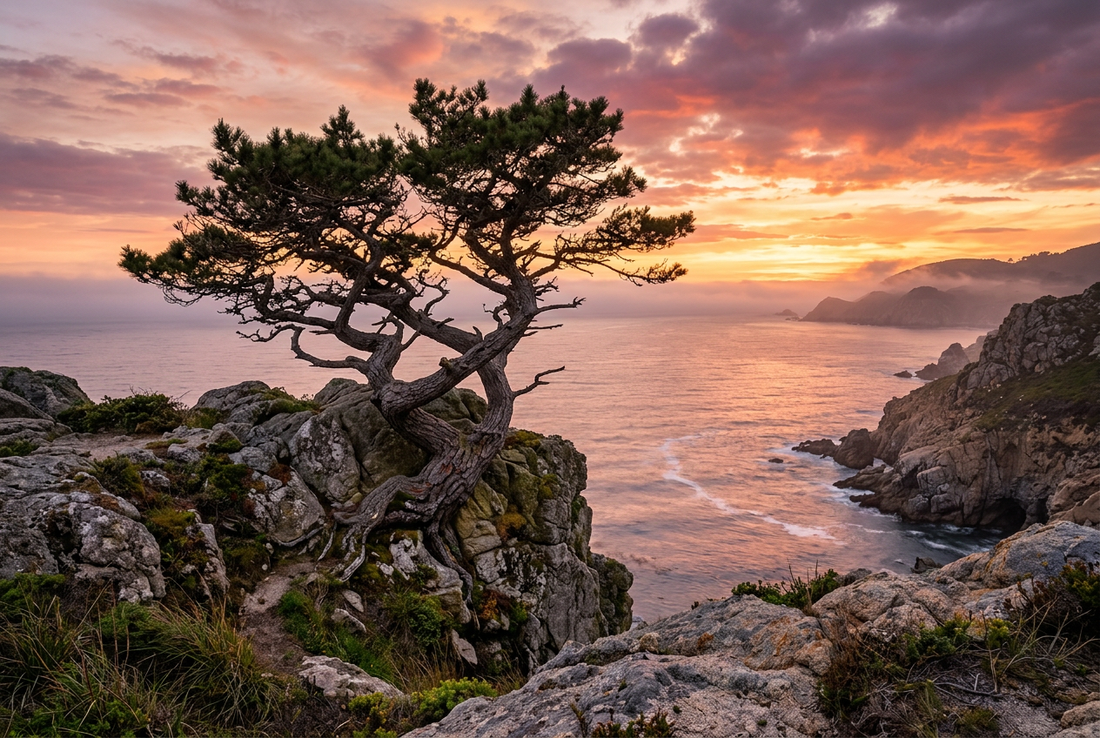 Two Ancient Intertwined Pine Trees on Ocean Cliff at Romantic Golden Sunset