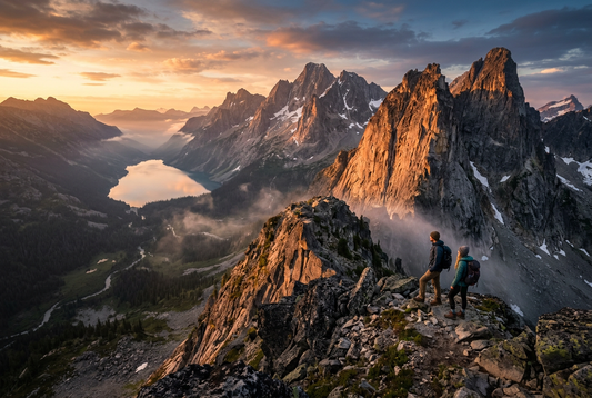 Rugged alpine mountain summit at golden sunrise overlooking sheer granite cliffs and a pristine glacial lake, symbolizing outdoor endurance, adventure resilience, and steadfast strength