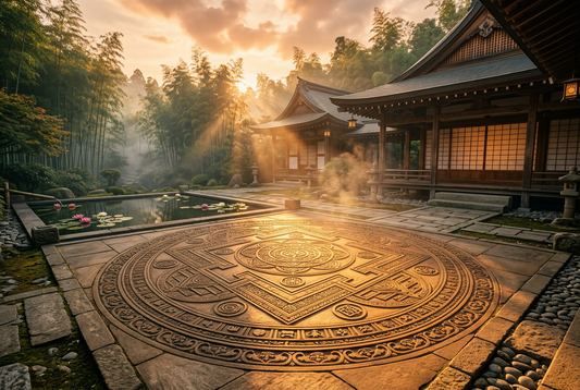 Ancient Sacred Sanctuary Courtyard at Sunset with Carved Sandstone Mandala Pattern