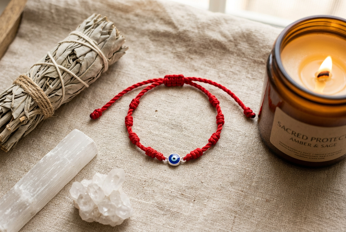 Sacred 7-knot red string protection bracelet with white sage, crystal wand, and spiritual blessing altar
